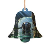 2 PCS Wooden Xmas Tree Ornaments, Asian Elephant in The Water Print Christmas Party Decoration Wood Pendant, for Home Crafts Hanging