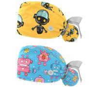 2 Pcs Working Cap with Buttons Sweatband Bouffant Scrub Cap Adjustable Surgical Hats for Women,Cute Robot Pattern