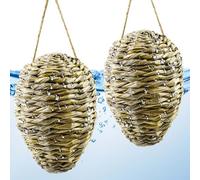 2 PCS Woven Reed Crochet Wasp Nest Decoy, 10×4 Inch Waterproof Fake Hornet Nest Decoy Artificial Faux Hanging Hornets Hive Nest Decoration Wasp Repellentt for Outdoor Garden Patio Farm Eaves Yard Home