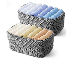 2 Pcs Woven Storage Baskets, Foldable Ice Silk Thread Crochet Nursery Basket, Knitted Shelf Baskets, 21x13x15.5cm Rope Organiser Box for Towels Cosmetics Jewellery(Grey)