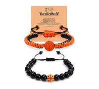 2 Pcs Y2k Basketball Natural Stone Beaded Stretch Wristband Bracelets Set for BFF Sport Lovers Teen Silicone Ball Handmade Braided Rope Adjustable Bracelet Gift, One Size, Stone, no gemstone