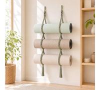 2 Pcs Yoga Mat Wall Mount, Boho Cotton Rope Hanging Holder Home Gym Storage | Sage Green Handmade Special Rope Design, 3 Insertion Holes, 59" Wall Hanging Storage, for Yoga Pilates, Gym Home Space Saving