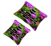 2 PCS Zen Basalt Stones and Orchid Balance Pocket Cosmetic Bag, Self-Closing Shrapnel Makeup Pouch, Portable No Zipper Mini Travel Make Up Bag for Coin Lipstick Cosmetics Earphones Jewelry Organizer