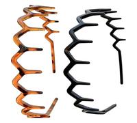 2 Pcs Zig Zag Headband, Zigzag Headband, Women's Adjustable Wavy Headbands with Shark Teeth Comb, Fashionable Ladies Men & Teens Teeth Headbands (Glossy Black & Amber Tortoiseshell）