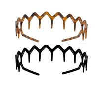 2 Pcs Zig Zag Headband, Zigzag Headband, Women's Adjustable Wavy Headbands with Shark Teeth Comb, Fashionable Ladies Men & Teens Teeth Headbands (Glossy Black & Amber Tortoiseshell）