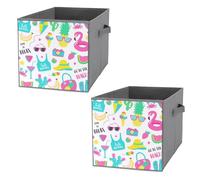 2 PCsSquare Oxford Cloth Storage Basket Bin Foldable Organizer with Handles, Waterproof Laundry Hamper 10.6"x10.6"x10.6" Print Summer Fruits, Pineapple, Flamingos, Sunglasses Purple Turquoise