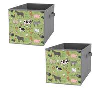 2 PCsSquare Oxford Cloth Storage Basket Bin Foldable Organizer with Handles, Waterproof Laundry Hamper 10.6"x10.6"x10.6" Print Farm Rooster Milk Cow Donkey Pig Sheep Cat Dog Rabbit on Green