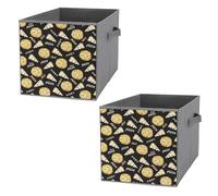 2 PCsSquare Oxford Cloth Storage Basket Bin Foldable Organizer with Handles, Waterproof Laundry Hamper 10.6"x10.6"x10.6" Print Seamless Yellow Pizza Slice Doodles and Pizza Words on Black