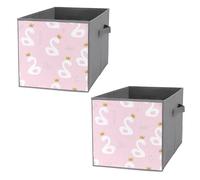 2 PCsSquare Oxford Cloth Storage Basket Bin Foldable Organizer with Handles, Waterproof Laundry Hamper 10.6"x10.6"x10.6" Print White Cute Swan Princess with Golden Glitter Crown on Pink