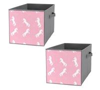2 PCsSquare Oxford Cloth Storage Basket Bin Foldable Organizer with Handles, Waterproof Laundry Hamper 10.6"x10.6"x10.6" Print White Cartoon Unicorn with Stars and Cloud and Hearts on Pink