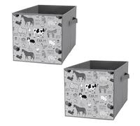 2 PCsSquare Oxford Cloth Storage Basket Bin Foldable Organizer with Handles, Waterproof Laundry Hamper 10.6"x10.6"x10.6" Print Farm Rooster Milk Cow Donkey Pig Sheep Cat Dog Rabbit on Grey