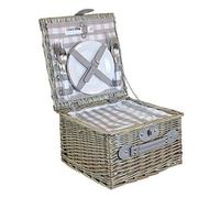 2 Person Grey Checked Fitted Wicker Willow Picnic Hamper Basket with Cooler Cutlery Plates