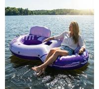 2 Person Inflatable Water Float Island With Backrest Cup Holders Double Safety Handles Thick PVC Mesh Pool Lounger For Lake Beach Adult Summer Party Relaxation