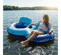 2 Person Inflatable Water Float Island With Backrest Cup Holders Double Safety Handles Thick PVC Mesh Pool Lounger For Lake Beach Adult Summer Party Relaxation