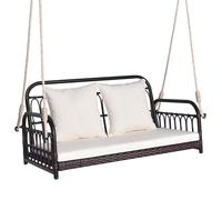 2-Person Patio Wicker Swing Chair Hanging Outdoor Swing Bench w/Cushions