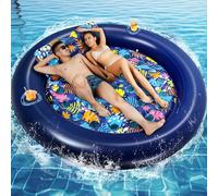 2-Person Pool Floats Adult Heavy Duty, LUSARRYWILL 80"X80" Inflatable Pool Mats with Cup Holders, Detachable Headrest, for Backyard, Water Party, Pool, Lake, Beach, Outdoor, Navy Blue