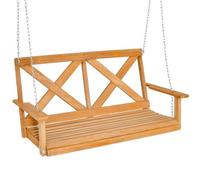 2-Person Porch Hanging Swing Chair Wooden Garden Swing Bench Adjustable Chains