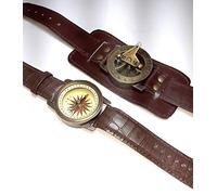 2 pic Steampunk Wrist Brass Compass & Sundial-Watch with Leather Strap Sundial, BROWN ANTIQUE, 15.4 x 6.4 x 2.9 Centimeters, Antique