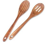 2-Piece 14 inch Large Wooden Spoon Set Non Toxic Solid Wood Spoons Cooking Utensils Slotted Spoon Long Non-Stick Cooking Spoons Teak Wood Kitchen Spatula for Mixing Stirring Serving Spoons