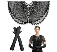 2-Piece 1920s Flapper Shawl & Gloves Set - Sequin Beaded Cape, Satin Gloves | Sequin 1920s shawl wrap with long satin gloves. Soft, stretch fabric for a comfortable fit. Perfect for prom, wedding party.