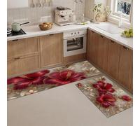 2 Piece 3D Luxurious Hibiscus Flower Relief Kitchen Rug Set, Exotic Plants Beige Red Decor Kitchen Mats For Floor, Absorbent Non-Slip Washable Floor Mats, Home Indoor Runner Rugs 17"X30"+17"X59"