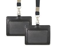 2 Piece 4.1x3.3inch Double Sided PU ID Badge Holder, ID Card Holder with Neck Strap Lanyard, Horizontal Genuine Leather ID Card, Leather Name Card Holder for School Office