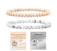2-Piece 6mm Natural Crystal Gemstone Stretch Bracelets Howlite, White Fossil Jasper Reiki Energy Healing Jewelry for Meditation,Yoga, Unisex