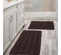 2-Piece Absorbent Chenille Bath Mat Set, Non-Slip Bathroom Rugs with Striped Design in Chocolate Color, Soft & Quick-Drying Floor Mats (81x50cm + 43x61cm)