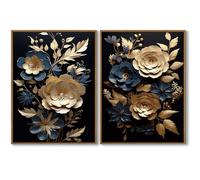 2 Piece Abstract Floral Canvas Wall Art Blue Golden Flower Pictures Prints Elegant Flowers Painting Wall Decor Modern Framed Artwork for Bedroom Bathroom Living Room Home Decoration Gifts, 12x16 Inch