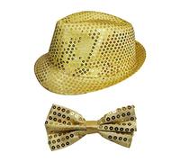 2 Piece Adults Gold Hat & Bowtie Set - Sequin Fedora Hat & Sequin Bowtie - Perfect for Dance Shows, Stage Shows & Fancy Dress Events