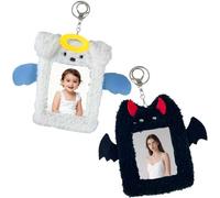2-Piece Angel and Devil Wings Photocard Holder Keychain | Plush Animal Design | Clear Window for ID, Bus, Student Cards | Protective and Decorative Gift