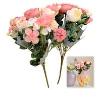 2-Piece Artificial Flowers, Fake Faux Bouquet, Silk Touch Fade-Resistant, Nordic Charm Style Set with Pink Artificial Roses and Hydrangea, for Wedding Centerpieces, Outdoor Patio Accents, Home Decor