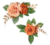 2-Piece Artificial Rose Flower Cake Toppers Set, 9.5 Inch Orange and Peach Roses with Gold Leaves, Wedding Birthday Party Cake Decorations (Orange)