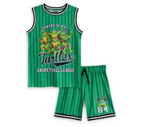 TEENAGE MUTANT NINJA Turtles Green 2 Piece Basketball Set | TMNT Sewers of N.Y.C. Sportswear for Boys | Sleeveless Casual Outfit | Basketball League Striped Design | Turtles Merch - 6-7 Years