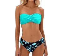 2 Piece Bikini Sets for Women Strapless Bandeau Twist Front Swimsuit Ruched Top Bathing Suit Printed Side Tie Bottom Swimwear Trendy Stylish Beachwear Soft Stretchy Swimming Costume