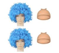 2 Piece Blue African Wigs with 2 Wig Nets, Crazy Clown Wig, Unisex Curly Hair, Artificial Hair, Fancy Dress Accessories, Masquerade Wig Look-Up