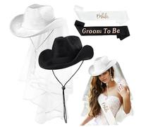 2-Piece Bride and Groom Hats, Bride Cowboy Hat with Veil & Adjustable Straps, with Bridal and Groom to Be Sash for Women Men WeddingBride and Hats