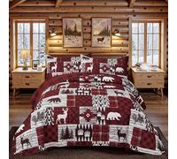 2 Piece Cabin Quilt Sets Twin Size Christmas Rustic Reversible Microfiber Soft Lightweight Farmhouse Bedspread Comforter with 1 Sham Patchwork Country Lodge Bedding for All Season, 68''x86'', Red