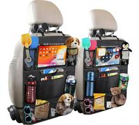 2-piece car storage bag set, including child seat back storage bag, rear seat protector, 10-inch tablet cover, and 9-pocket storage bag with kick guard for storing water bottles, toys, books, etc.