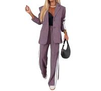 2 Piece Casual Set with Blazer and Joggers for Women,Women's Lapel Long Sleeve Casual Suit,Oversized Jacket Wide Leg Pants Suits Notch Lapel Loose Fit Sets (Purple,L)