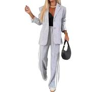 2 Piece Casual Set with Blazer and Joggers for Women,Women's Lapel Long Sleeve Casual Suit,Oversized Jacket Wide Leg Pants Suits Notch Lapel Loose Fit Sets (Gray,XL)