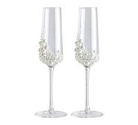 2 Piece Champagne Glasses | 24.5cm Pearl Crystal Wedding Flutes | Elegant Glass Wine Flute Set With White Pearls And Calligraphic Design For Couples Newlyweds Weddings Engagements Anniversari