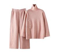 2 Piece Co Ord Set for Women Sweater Ladies Casual Outfits Long Sleeve Tops Trouser Suit Solid Slim Jumper Lounge Pants Tracksuit Plain Knitted Winter Autumn Workout Pink One Size