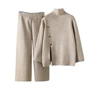 2 Piece Co Ord Set For Women Sweater Ladies Casual Outfits Long Sleeve Tops Trouser Suit Solid Slim Jumper Lounge Pants Tracksuit Plain Knitted Winter Autumn Workout Khaki One Size