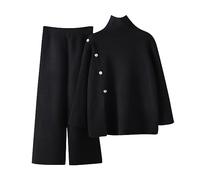 2 Piece Co Ord Set for Women Sweater Ladies Casual Outfits Long Sleeve Tops Trouser Suit Solid Slim Jumper Lounge Pants Tracksuit Plain Knitted Winter Autumn Workout Black One Size