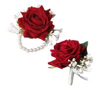 2-Piece Corsage And Boutonniere Set, Red Rose Wrist Corsage And Prom Flowers With Pearl Band For Prom Wedding Graduation Party