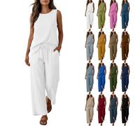 2 Piece Cotton Linen Outfit Women Solid Sleeveless Breathable Blouses Shirts Wide Leg Trousers Oversized Loose Activewear Tracksuits Going Out Holiday Loungewear Sets Y2K Hip Hop Streetwear Tracksuit