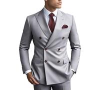 2 Piece Double Breasted Men Suit Slim Fit Mens Double Breasted Blazer Pants Sets Wedding Suit Prom Suits, Light Grey, M