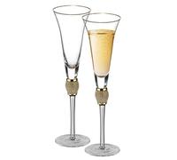 2 Piece Elegant Crystal Set Wedding Champagne Glasses with Diamond Rhinestone Accents and a Polished Gold Rim - 11 in Tall with Slender Long Stems, 7 oz - Chic Toasting Set for the Bride and Groom