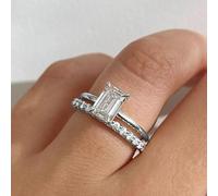 2-Piece Emerald Cut Moissanite Engagement Ring Set for Women - Two-Tone Gold & Silver Plated Solitaire Ring with Pave Wedding Band, Minimalist Bridal Promise Jewelry L 1/2
